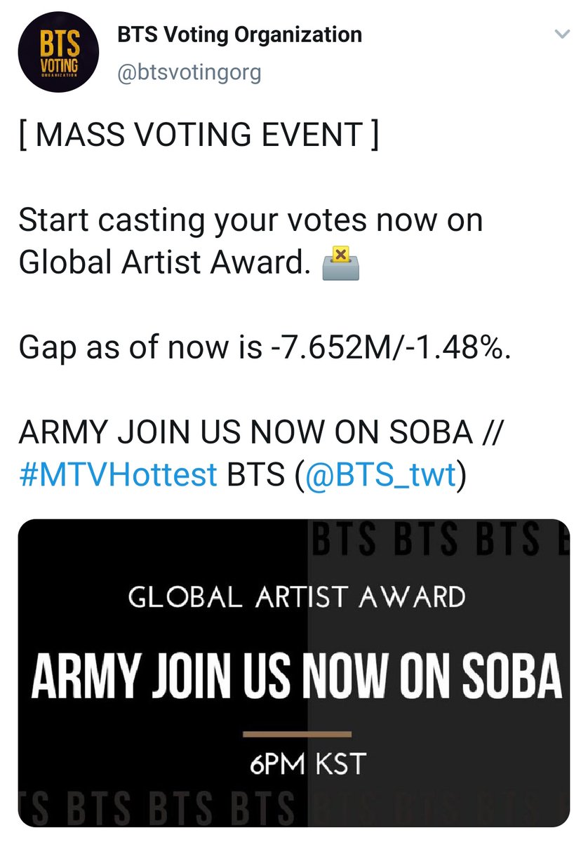 im gonna update every end of the day if we reduced the gap or not.since  @btsvotingorg had the voting mass, the gap was -7.652Mas of 9:30PM KST the gap reduced at -7.069MGOOD JOB ARMYS!LETS CONTINUE DECREASING THE GAP!! #MTVHottest BTS  @BTS_twt