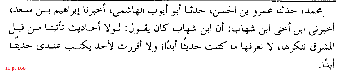 Ibn Šihāb al-Zuhrī (Madinan/Levantine traditionist): “Were it not for hadiths that come to us from the direction of the East, which we reject, which are unknown to us, I would never have written any hadith, nor would I have allowed anyone to write down any hadith in my presence.”