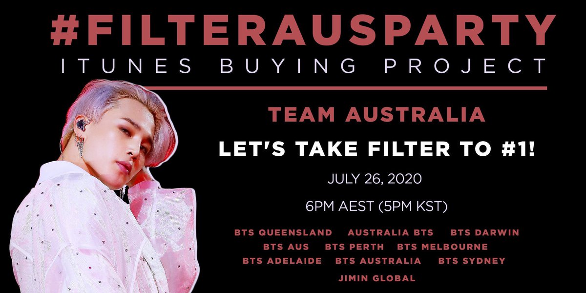 BTSTRAYA's tweet photo. #FilterAUSParty ✨

Join us, @JiminGlobal, @bts_aus and @BTSTRAYA 6PM AEST tomorrow night as we aim to get Filter #1 here on the Australian Charts! Funds will  be provided to any individuals if they need 🥰 

We hope too see you then Aussie ARMY 🇦🇺💜

@BTS_twt https://t.co/unI5RmBcct