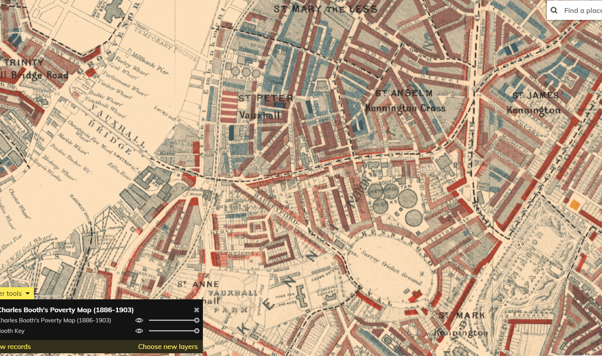 Today we view main roads as blighted places - where people need rather than choose to live – but, even with a big population, that wasn’t always the case. See the red (middle class, well-to-do) dwellings on big roads around the Oval on Charles Booth’s Poverty Map of 1886-1903.