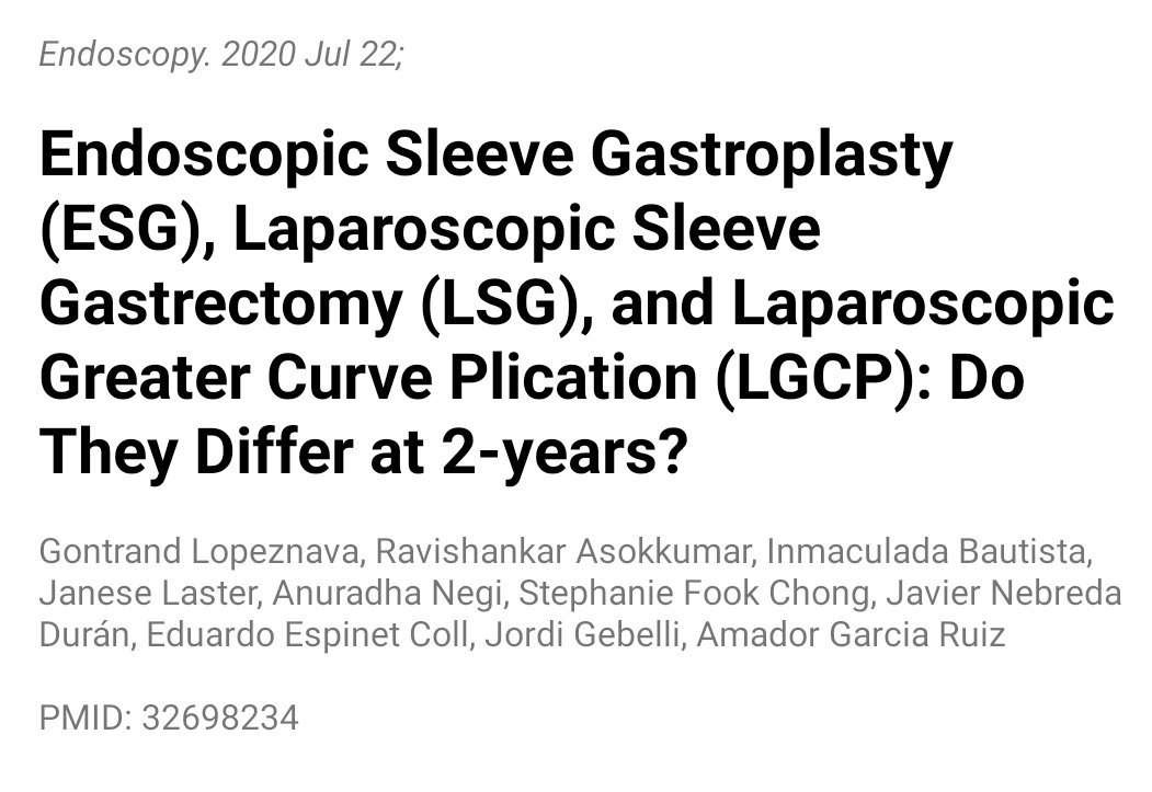 WohaibiMD's tweet photo. Conclusion 
All three procedures induced significant weight loss. Although the weight loss was lower with ESG compared to other techniques, it displayed a better safety profile &amp; shorter hospital stay.

%TBWL at 2-yrs with ESG, LSG, &amp; LGCP was 18.5%, 28.3%, &amp; 26.9%, respectively. https://t.co/U8XLYdGGH0