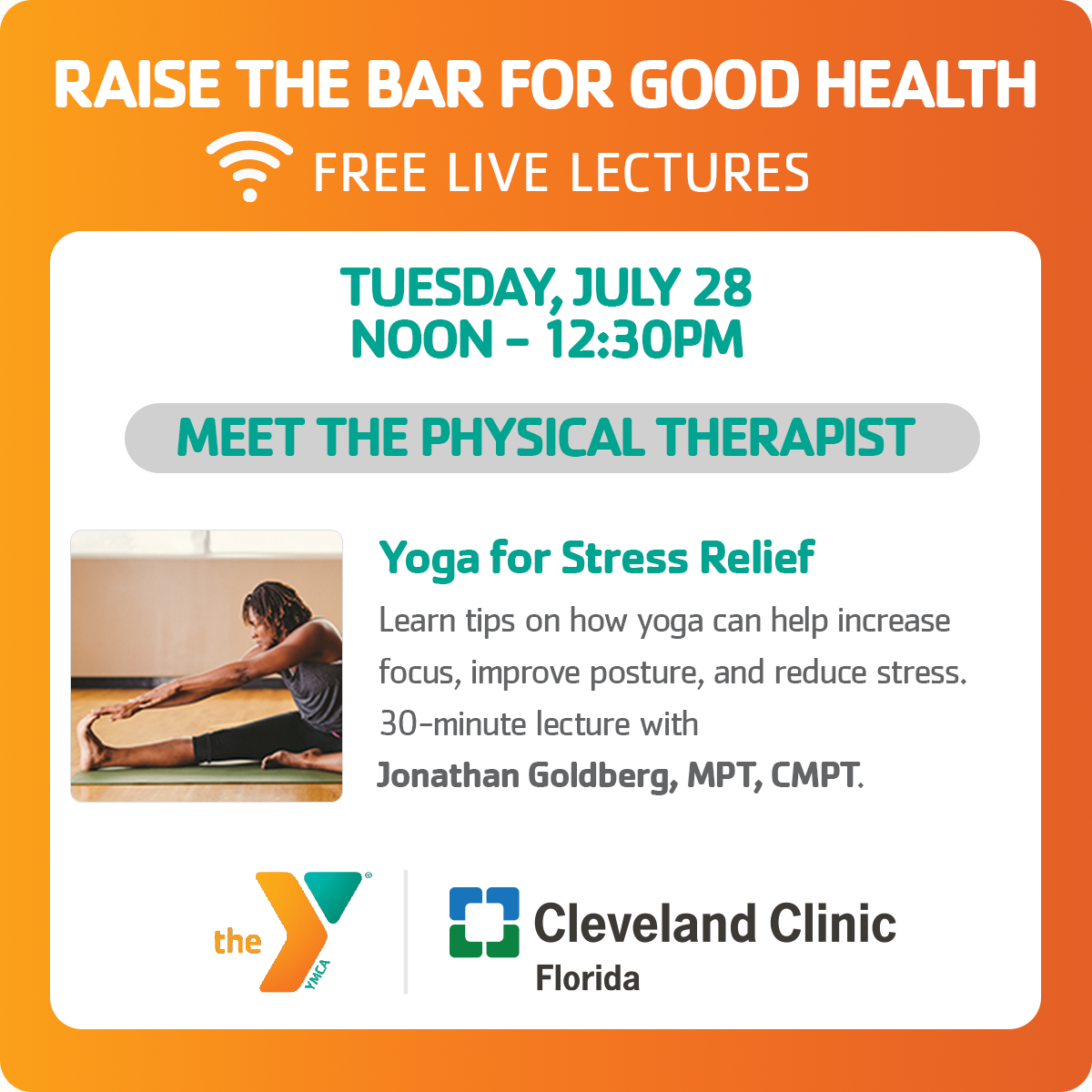 ymcasoflo's tweet photo. Join the #YMCASoFlo and #ClevelandClinicFlorida virtually at Noon on Tuesday, July 28, meet our physical therapist and learn how yoga can help increase focus, improve posture and reduce stress. Register on Zoom at https://t.co/4yJ9NDtn07 https://t.co/0SjyzjEP8b