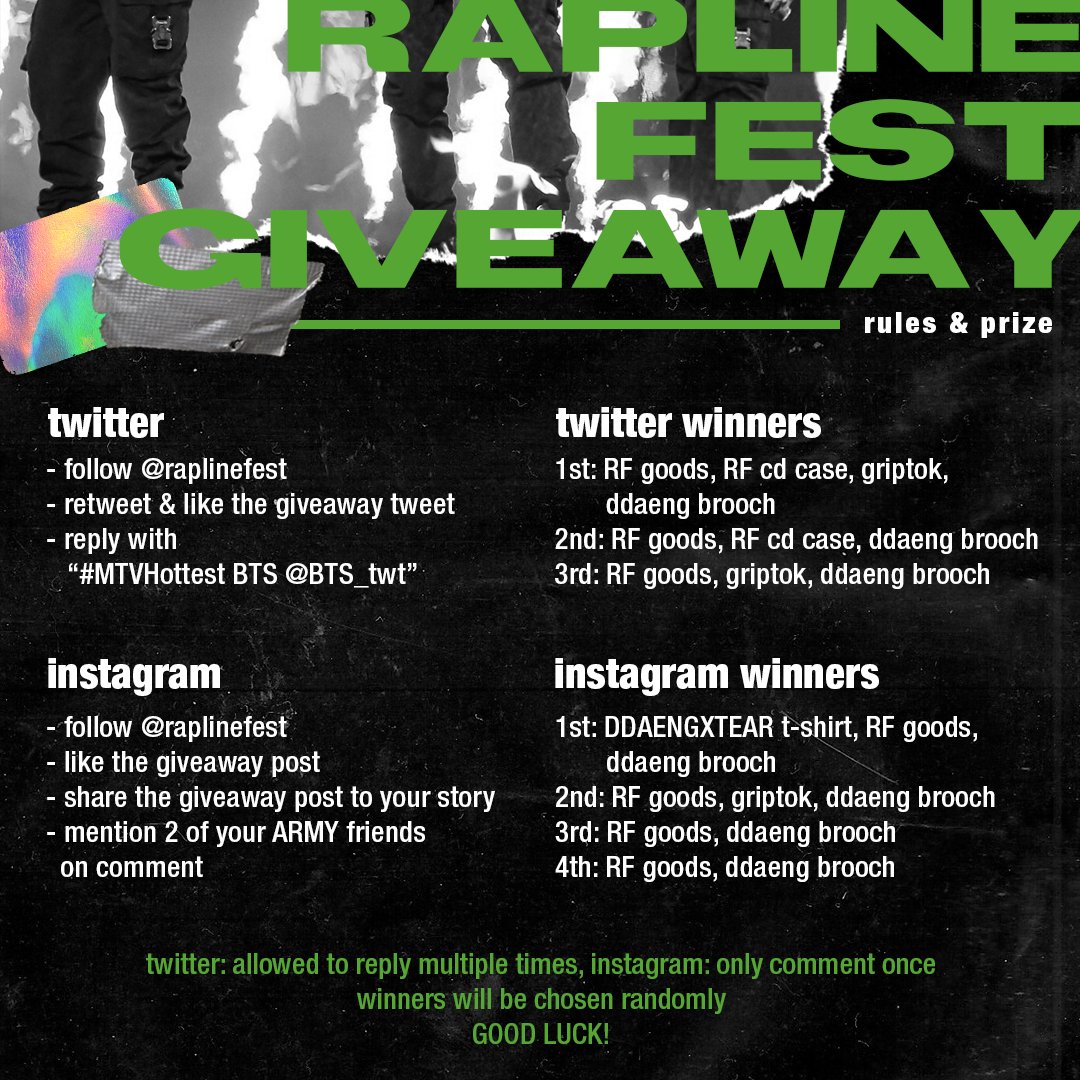 raplinefest's tweet photo. RAPLINE FEST GIVEAWAY
ㅡ follow raplinefest
ㅡ retweet &amp; like this tweet
ㅡ reply with:
#MTVHottest BTS @BTS_twt 

good luck! https://t.co/aUAF374ipG