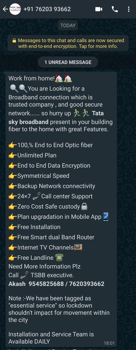 KaptVpsr's tweet photo. @TRAI @MahaCyber1 @TataSky @tataskynews
Frequency of these WA nuisance has increased in recent times. So far I have deleted about 3  such messages but from now on, will be reporting to you. Most are from Tata Sky Broadband.
Kindly take action against this forced harrasment. https://t.co/Ja0Wivwfg7