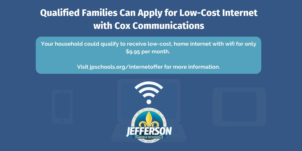 JPschools's tweet photo. We have partnered with Cox Communications so qualified families can fast track their applications for discounted home internet access should they need it. Visit https://t.co/oxAoxzuLia for more information. #JPSchools #WeLove #WeLearn #WeLead #LaEd https://t.co/ktJkzRFXXX