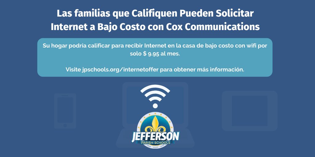 JPschools's tweet photo. We have partnered with Cox Communications so qualified families can fast track their applications for discounted home internet access should they need it. Visit https://t.co/oxAoxzuLia for more information. #JPSchools #WeLove #WeLearn #WeLead #LaEd https://t.co/ktJkzRFXXX