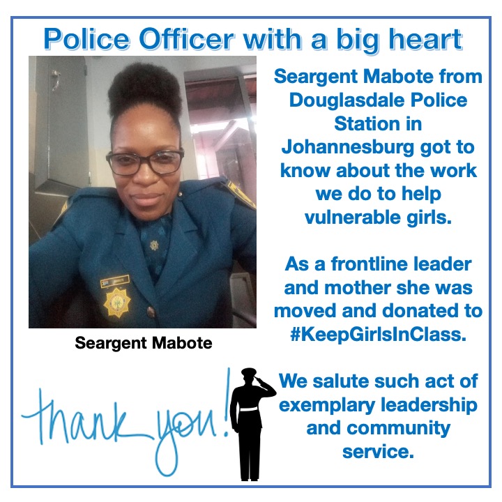 rabisonshumba's tweet photo. It is very heart warming to see members of public service who out of love and service to community go beyond call of duty. Today I celebrate Seargent Mabote who donated to #KeepGirlsInClass. She is not on social media. Hon Minister of @SAPoliceService, thank her for us. #VICTOR https://t.co/u9bG2MsMpS