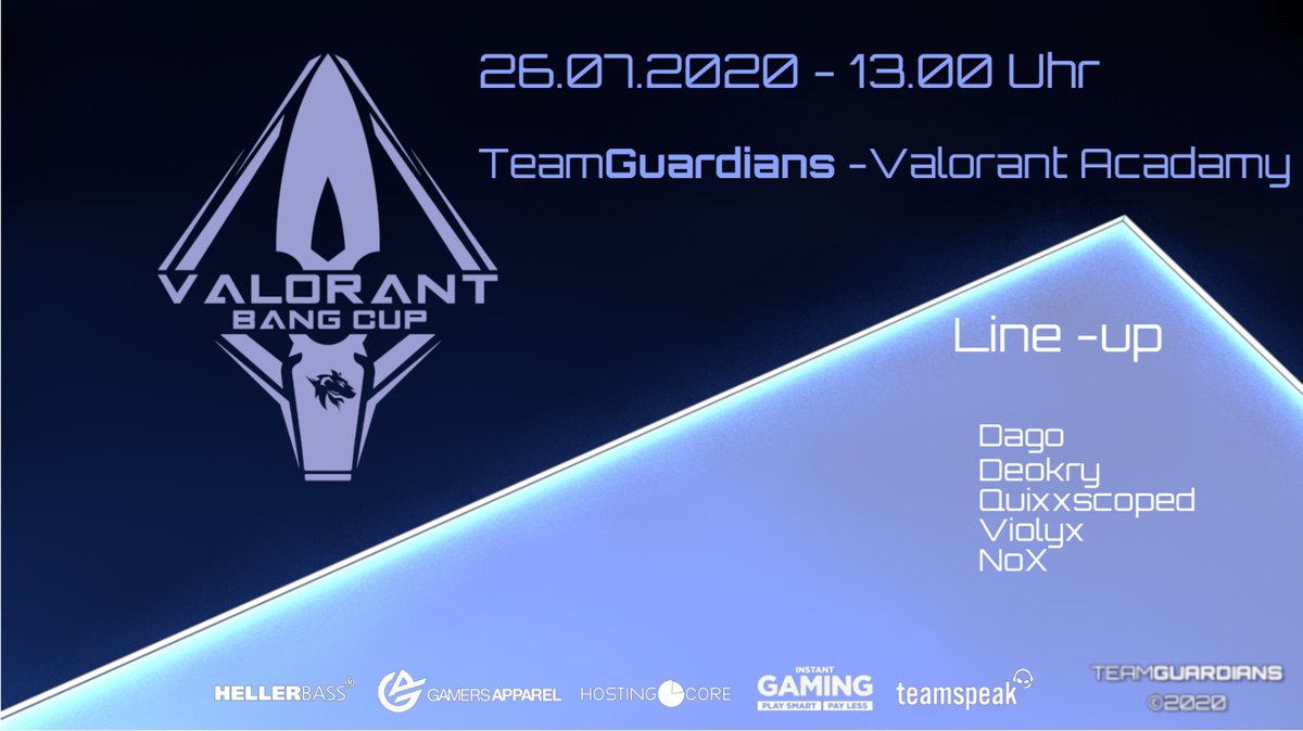 Neben unserem Main Team spielt auch unser Academy Team beim Valorant BANG CUP mit🥳
Sehen könnt Ihr das Team auf: twitch.tv/DagoZockt 

<a href="/GamersApparel/">Gamers Apparel</a> <a href="/HostingCoreDE/">HostingCore</a> 
<a href="/InstantGamingDE/">Instant Gaming</a> <a href="/teamspeak/">TeamSpeak</a>
#VALORANT #Valorant #TwitchDE #twitch #twitchtv #TeamGuardians #valorantbangcup
