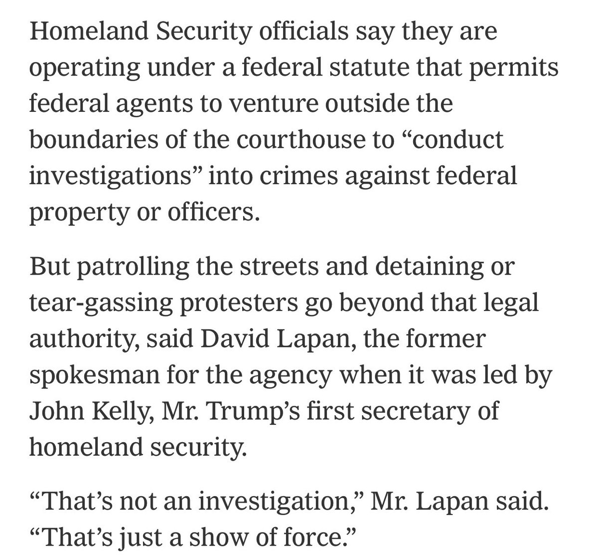 DHS says their operating under a federal statute that lets them “conduct investigations” into crimes against fed property @DaveLapanDC, a former spokesman for the same agency, says “That’s not an investigation, that’s just a show of force.”