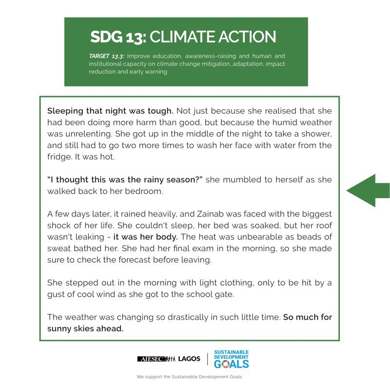 aiesecinlagos's tweet photo. Goal 13: Climate action

Global warming is causing long-lasting changes to our climate system, which threatens irreversible consequences if we do not act.
Tag one person that needs to know about climate action 
#LearntheSDGs #AIESEC #AIESECinLagos #globalgoals https://t.co/w0OMW9J7GN
