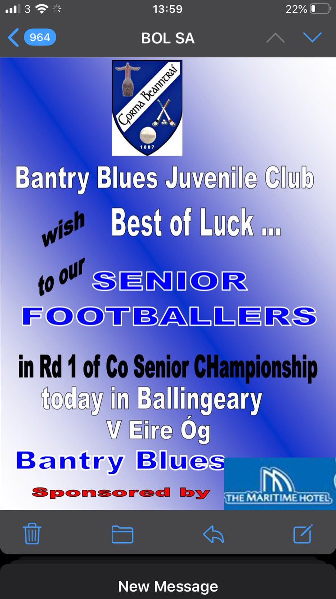 bantryblues's tweet photo. Bantry Blues Juvenile Club wish “Best of Luck “ to our Senior Footballers this afternoon in the #BonsSecours @OfficialCorkGAA Senior A Football Championship V Eire Og https://t.co/v16PcfbL5s