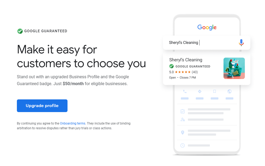 tapasrout07's tweet photo. Google starting to offer an upgraded Business Profile (Google My Business listing) for $50/month that will add the Google Guaranteed badge to the listing and back services the business provides with the Google Guarantee.
@GoogleMyBiz https://t.co/FP2mjSaFdt