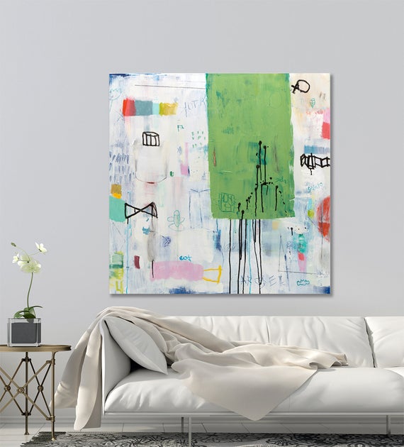 Colorful abstract painting canvas contemporary etsy.me/3cGLLdK #largecanvasart #greenabstract #whiteandgreenart #paintingoncanvas