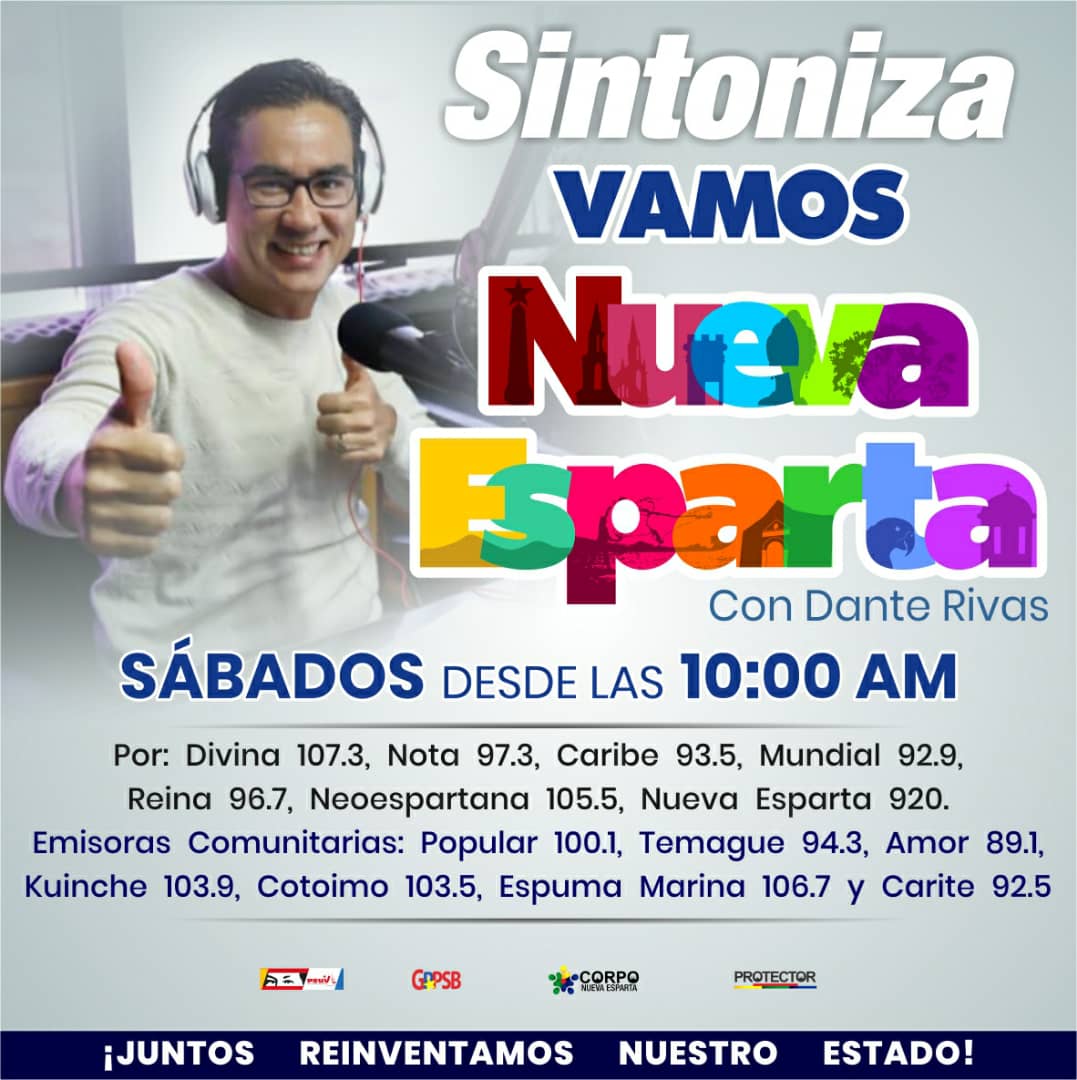 Sintoniza este y todos los sábados tu programa #VamosNuevaEsparta por 97.3 fm 107.3 fm 92.9 fm y la red de emisoras comunitarias para enterarte de todo lo que venimos haciendo desde el #GobiernoBolivariano para garantizar el bienestar del pueblo #JuntosReinventamosNuevaEsparta