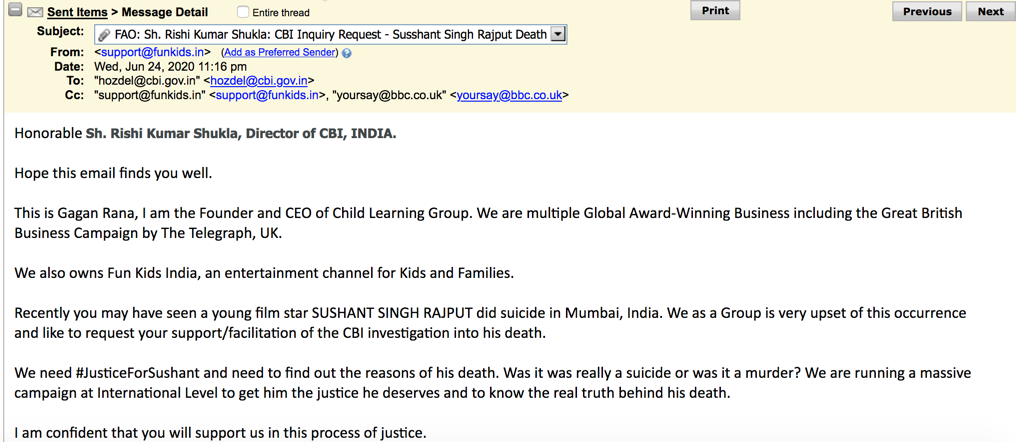 FunKidsIndia's tweet photo. @Official_Arnab_ #FunKidsIndia emailed CBI - Rishi Kumar Shukla and Hon. PM Modi on 26th June to Raise CBI Enquiry in his death. Please share this post and ask for the #ArrestCulpritsOfSSR https://t.co/dsEXJ2dUSD