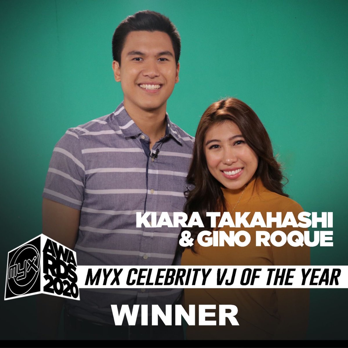 kpmlykngdm's tweet photo. Gino Roque (@iamginoroqueiv) and Kiara Takahashi (@_kiatakahashi) win #MYXAwards2020 MYX CELEBRITY VJ OF THE YEAR! #KiaNo https://t.co/j0LhjwP714