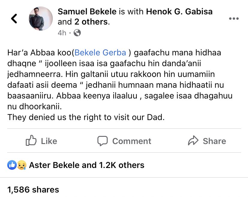 WaQQN's tweet photo. The son of political prisoner Bekele Gerba has said that him and his siblings were told to “leave before there’s a problem” when they went to visit their father in prison.

#OromoProtests https://t.co/0bDrb4m9cf