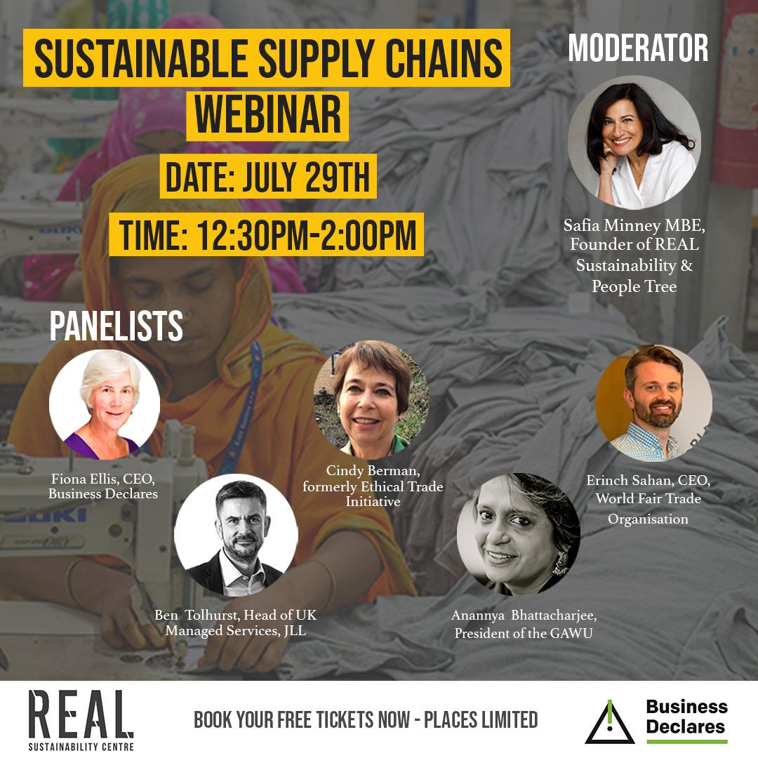 Have you booked your place on our webinar yet? 

From crops to clothing our supply chains are failing to respond to  the convergence of crises: climate, ecological, social and health. 

29th July 12.30pm - 2pm

Book your free ticket: 

safia-minney.com/sustainable-su…

#SupplyChain