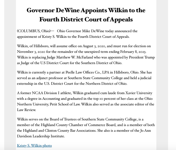  #Ohio  #RINO  #MikeDewine appoints Kristy Wilkin, the wife of  #HB6 co-sponsor Shane Wilkin, to the Fourth District Court of Appeals.“The sponsors of HB6, Wilkin and Callender, received from  #FirstEnergy $10,000 and $18,700, for their respective campaigns.  http://shorturl.at/czOUV 