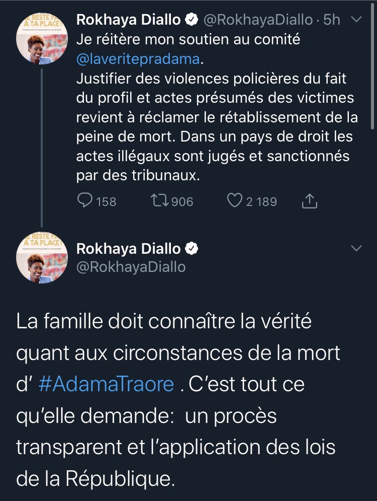 Mention spéciale à l’hypocrite  @RokhayaDiallo qui, en soutien à  #AssaTraoré faisait valoir qu'aucun crime n'enlève à son auteur le droit à la justice… et qui diffuse 1 communiqué utilisant les crimes de la victime d’Adama pour lui dénier ce droit en délégitimant son témoignage.