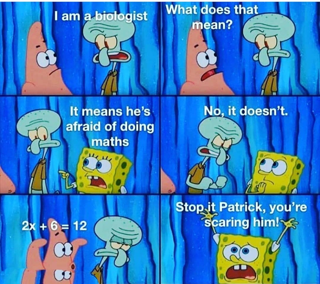 bio_geeks's tweet photo. Not all biologists are afraid of Math!

Follow @bio_geeks for more fun &amp; creative information posts! 
.
#biogeeks #biology #biotechnology #lifesciences  #science #sciencefiction #sciencememes #biologymemes #biochemistrymemes #research #researcher #scientist #biologist #maths https://t.co/hEkSXYhFt3
