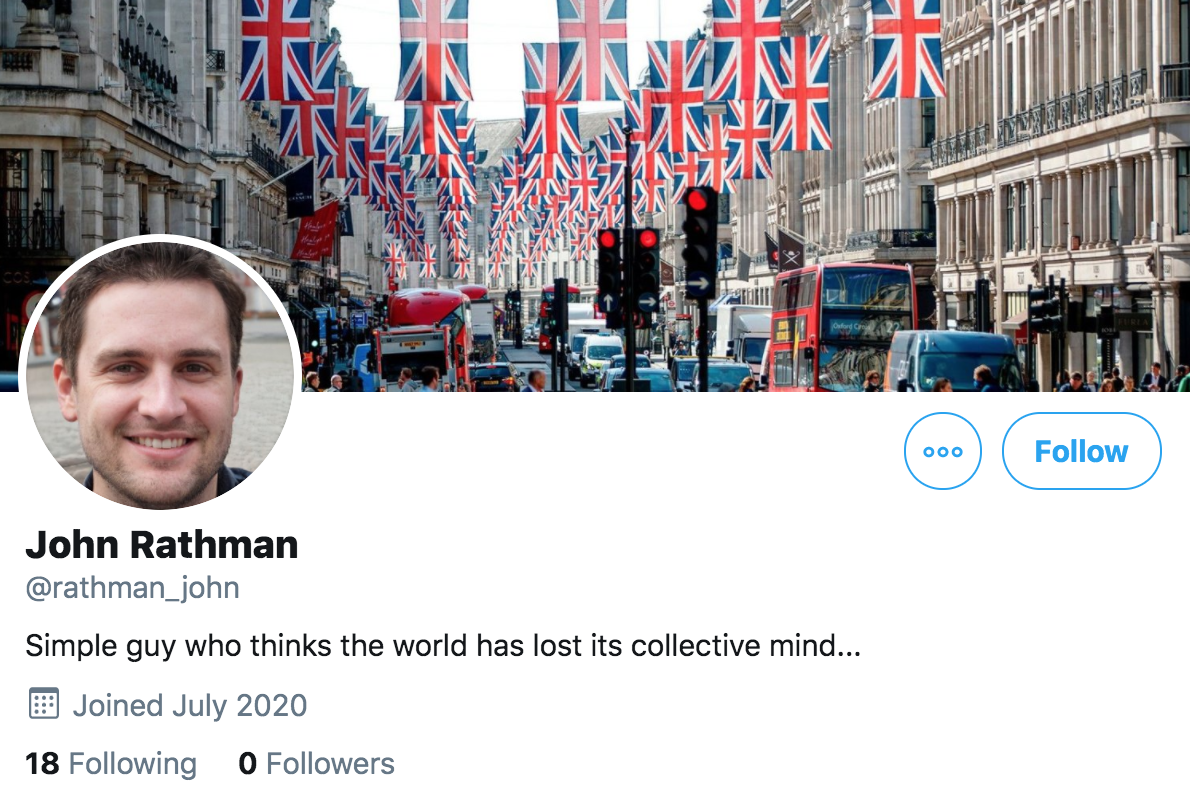Next up, we have  @rathman_john (permanent ID 1282307710055325701). Created earlier this month (July 2020), its interests include trolling prominent Democratic political figures and pushing the claim that all civil rights progress in the USA is due to Republicans.