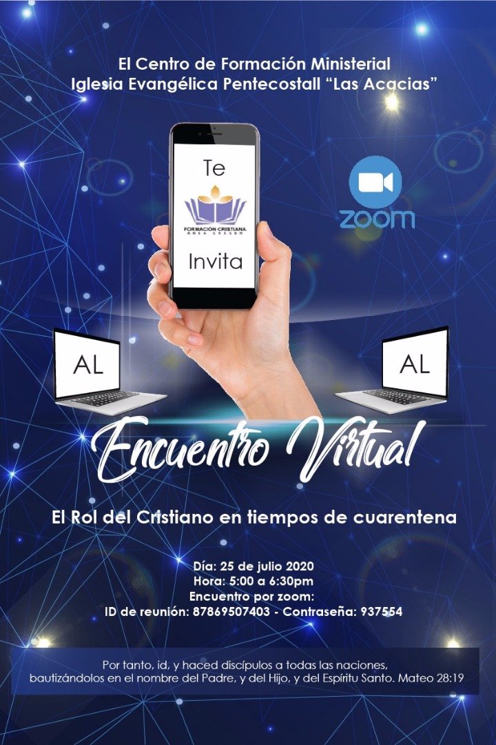 las_acacias's tweet photo. ¡Hoy! A las 5:00 p.m. Encuentro virtual "El rol del cristiano en tiempos de cuarentena" vía Zoom
¡No te lo pierdas!
#IEPLA https://t.co/l4qyKxCyYy
