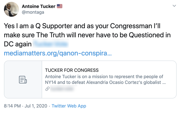 Trump this morning quote-tweeted Antoine Tucker, a QAnon-supporting congressional candidate from New York.