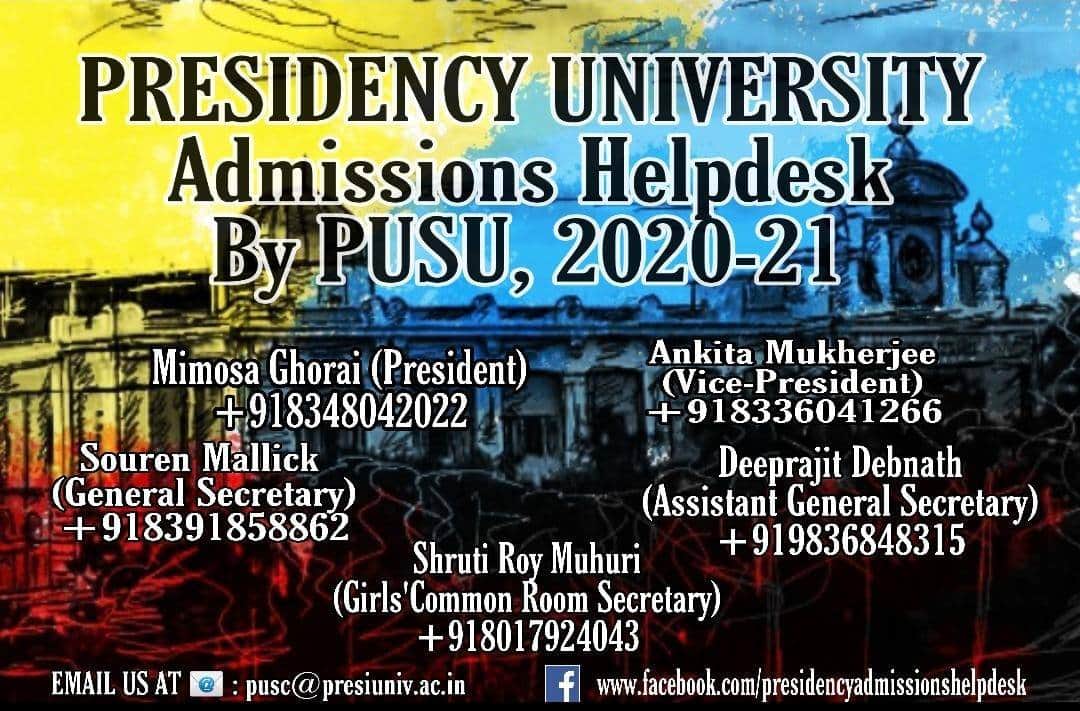 pusu2019's tweet photo. Presidency University Admissions Helpdesk by PUSC, 2020-21

Mimosa Ghorai (President) : +918348042022
Souren Mallick (General Secretary) : +918391858862

Email us at: pusc@presiuniv.ac.in

Find us at Facebook:  https://t.co/Nw38Fvx8GJ https://t.co/oJRm2DIoPG