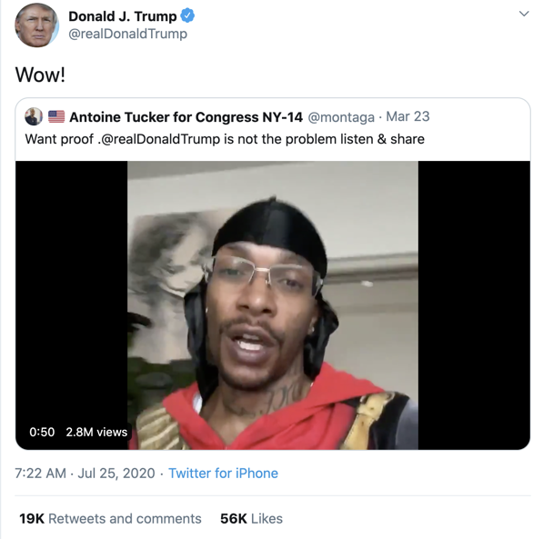 Trump this morning quote-tweeted Antoine Tucker, a QAnon-supporting congressional candidate from New York.