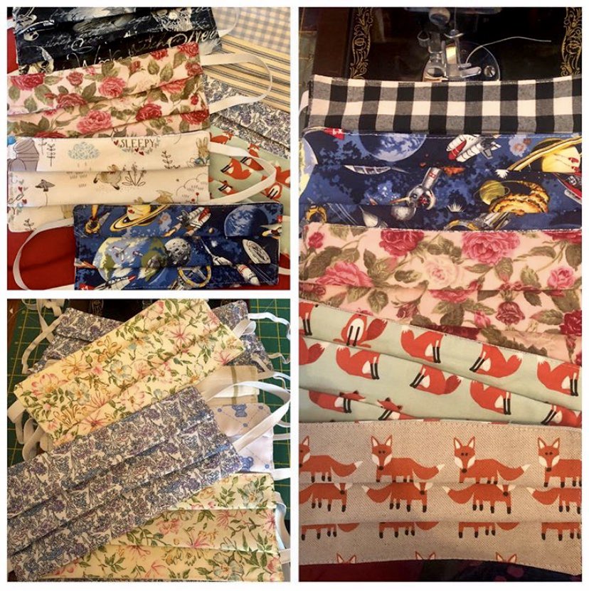 Cohort4Women's tweet photo. Back in lockdown my 1951 hand crank Singer sewing machine and I made oodles of triple cotton pleated face masks for loved ones. I’m thrilled now to get photos of them in daily use 😷🦠 #facemasks #COVID19 #washandreuse #fabricstash #singersewingmachine https://t.co/mhYes5eAyD
