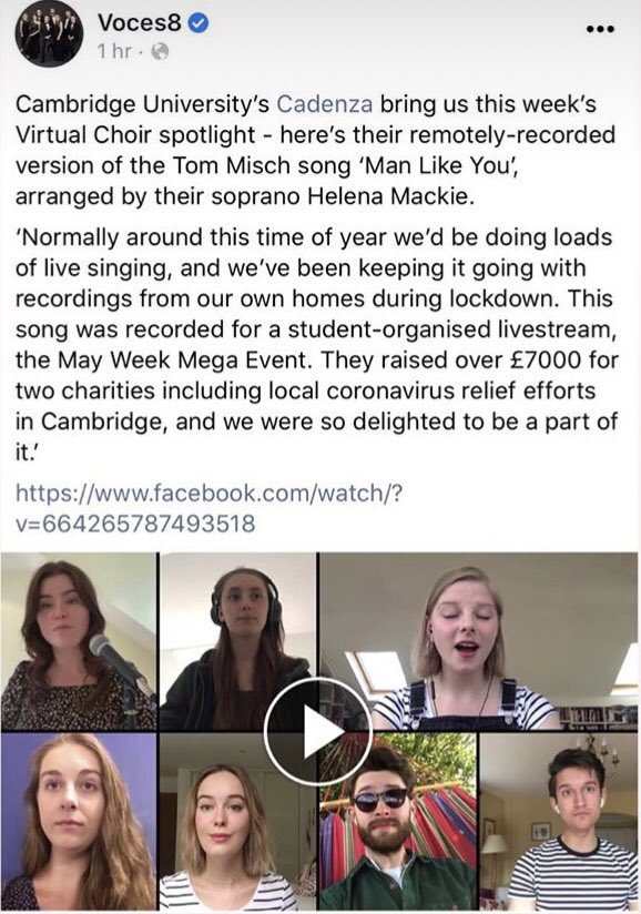 A huge thank you to <a href="/VOCES8/">VOCES8</a> for featuring our video of ‘Man Like You’ (<a href="/patrickwatson/">Patrick Watson</a>; <a href="/TomMisch/">Tom Misch</a>) as a part of their ‘Virtual Choir Spotlight’ series! You can go watch our arrangement here: youtu.be/uvedBGCqxzo 💙 #Cambridge #acappella