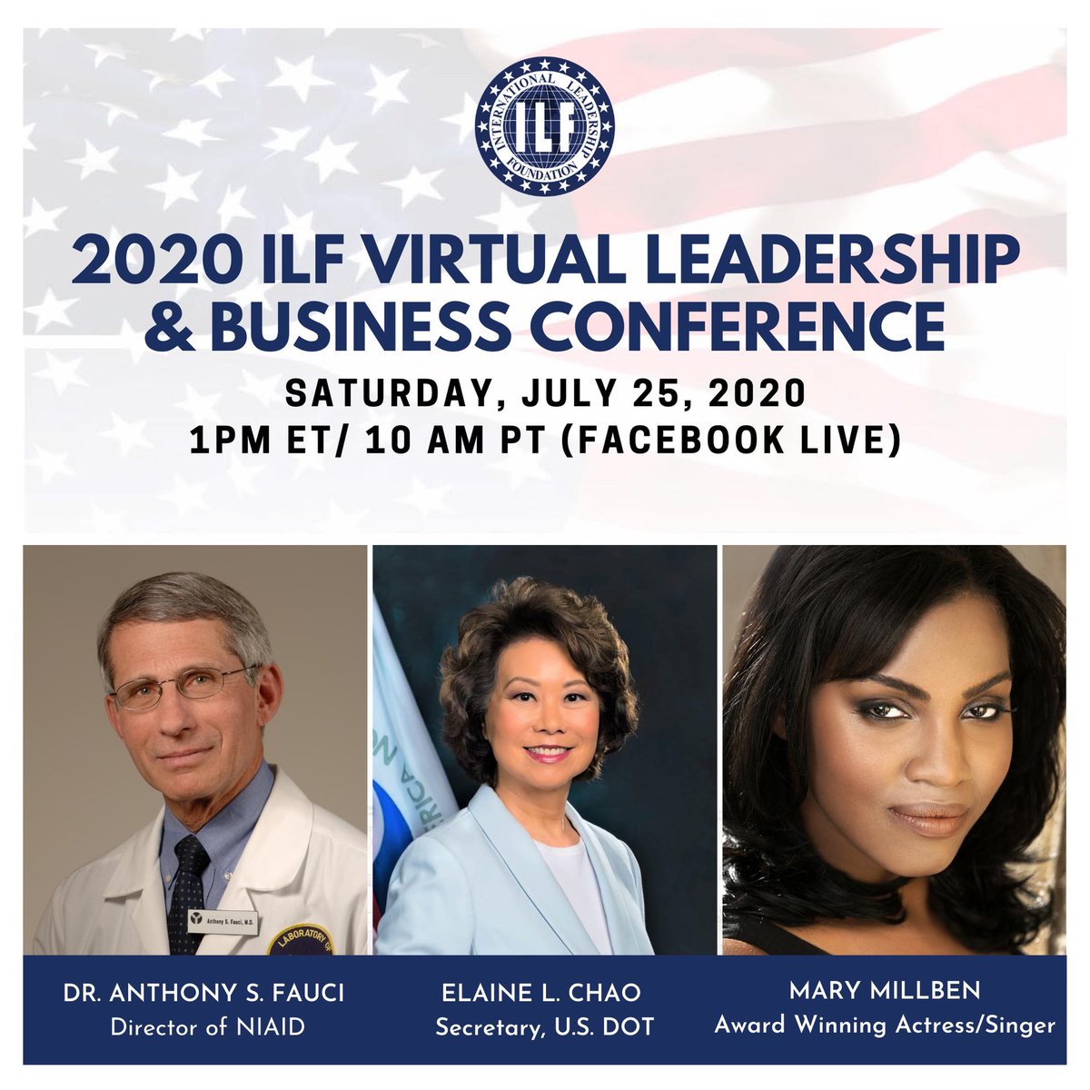 MaryMillben's tweet photo. I am delighted to join Dr. Fauci, @SecElaineChao, U.S. Olympian @Nathangadrian and more TODAY, 7/25 to perform in tribute to Americaโs frontline workers!
Join us! Live! @ILF_national @Facebook & @YouTube pages.
#ILFConference #DrFauci #FrontLineHeroes #frontlineworkers https://t.co/v0oWYf32q0