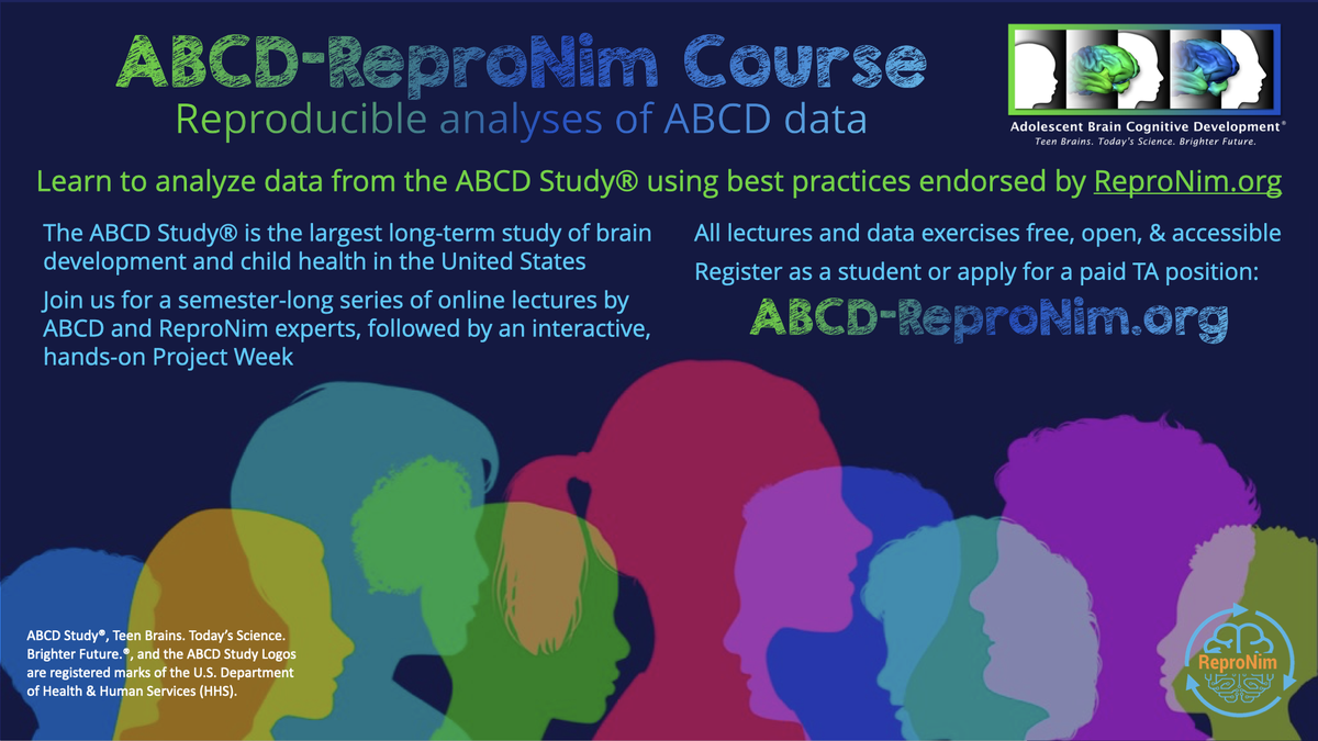 Today is launch day! ABCD-ReproNim.org has gone live with details about our upcoming course on Reproducible Analyses of #ABCDStudy Data. Send❓to info@ABCD-ReproNim.org. TA apps due Aug 14, student apps due Aug 21.