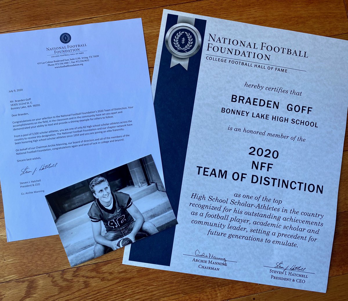 tgoff150's tweet photo. Certificate arrived a week ago..Braeden is the first nominee from the Pierce County Chapter of the National Football Foundation to be named to the Team of Distinction.  Read about it here https://t.co/hOtuQMZ9se. @AthleticsSblsd @heartofpanther @SumnerSchools https://t.co/ZIj7ByJDX9