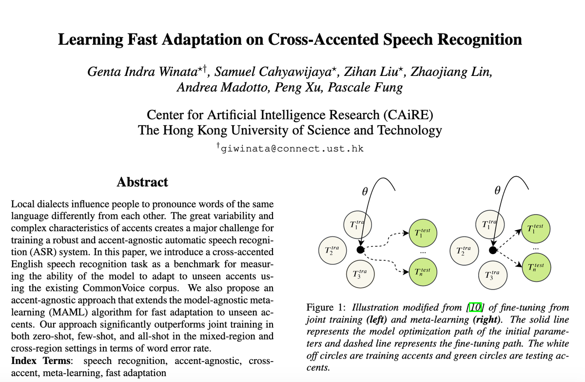 gentaiscool's tweet image. After a day waiting... happy to announce that our meta-learning ASR paper &quot;Learning Fast Adaptation on Cross-Accented Speech Recognition&quot; is accepted by Interspeech 2020. We propose a benchmark for zero-shot &amp;amp; few-shot settings #interspeech 
Preprint arxiv.org/pdf/2003.01901…