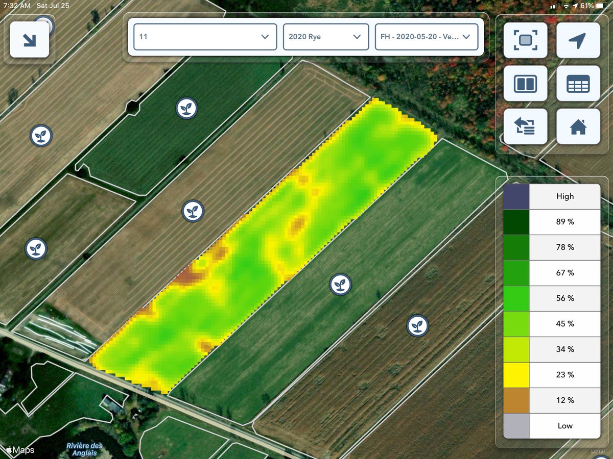 Sometimes farmers will ask “Can I use FieldView if I don’t have a GPS in my combine?” YES! If you know how much is harvested from a field then FieldView can generate yield maps based on satellite imagery.  This map was based on the vegetation map showing winter killed zones.