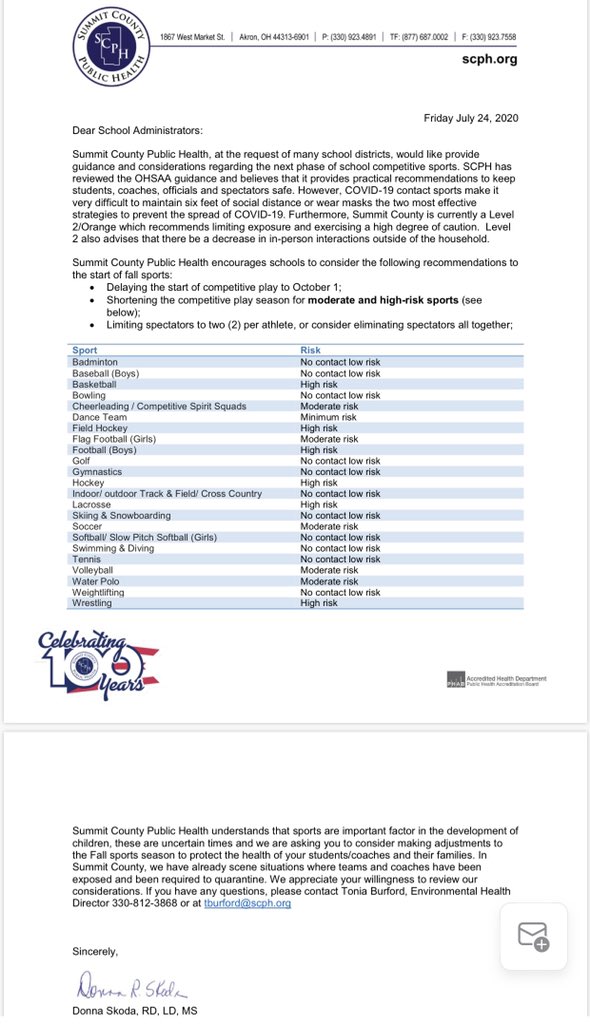 JordanStrack's tweet photo. The Summit County Health Department (Akron area) has submitted this letter to schools asking for high risk sports to be delayed, shortened, and limit spectators, or consider canceling. https://t.co/xsTTkIjGBL