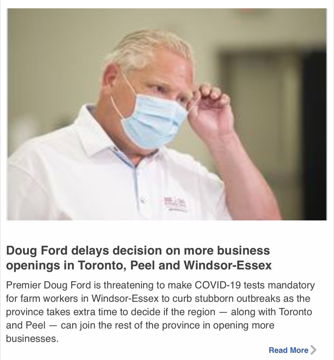 Example one, from its daily headlines email. In one sentence, it states - as fact - that Doug Ford is “delaying” and “threatening” decisions simultaneously. And: how is a free COVID-19 test a “threat”? That’s Trumpian bullshit, One Yonge.