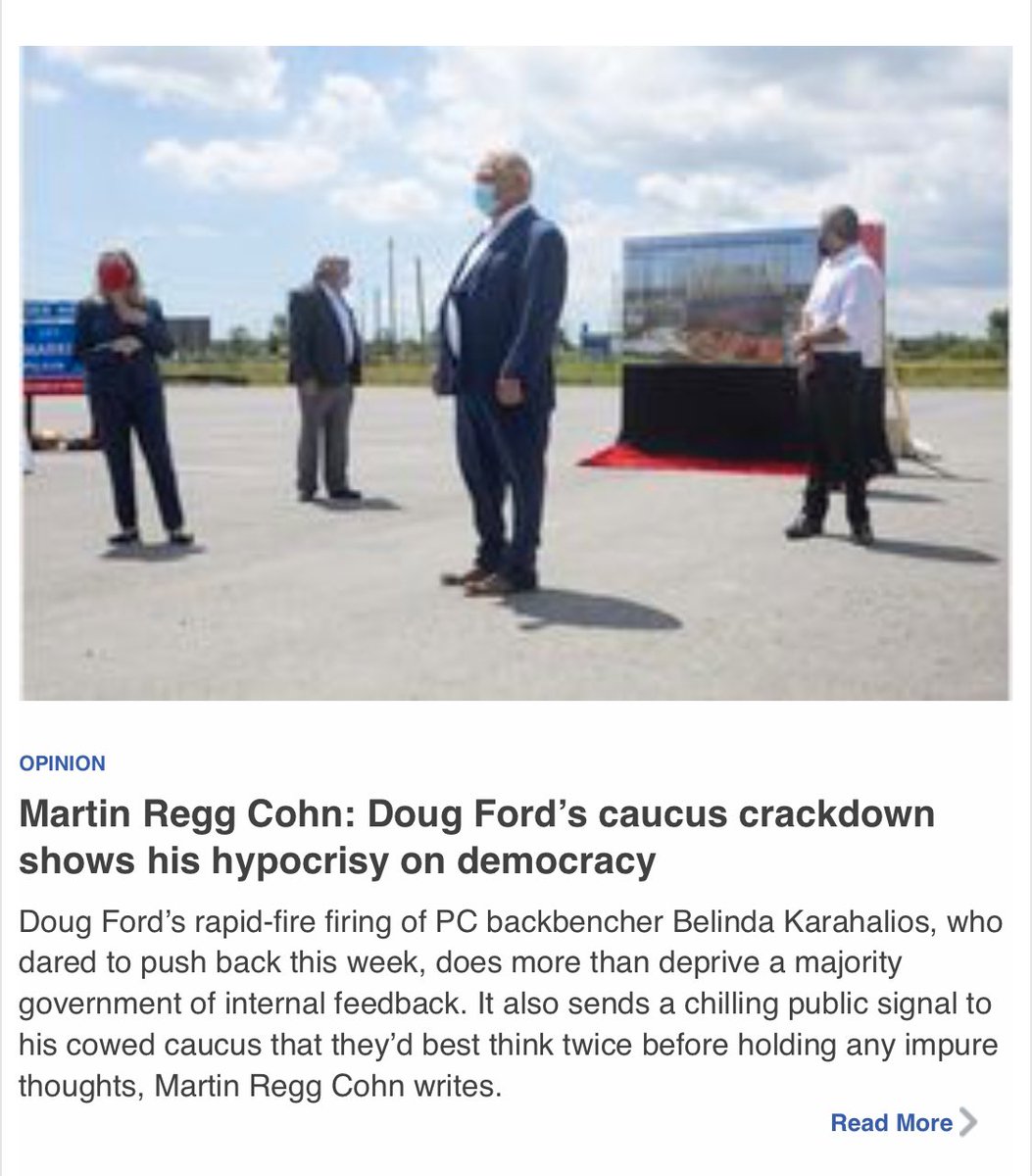 Example five: Doug Ford is a “hypocrite,” “deprived a government of feedback,” has “a cowed caucus,” and so on. When, in fact, Ford removed from his caucus - not the legislature - a non-entity who voted against measures public health experts say we need to *keep people alive.*