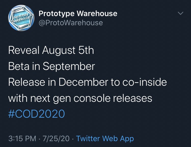 ModernWarzone's tweet photo. 🚨BREAKING #CoD2020 INFO🚨

Reveal: August 5th

Beta: September

Release: In December to coincide with next gen console release

Source: @ProtoWarehouse. Our sources have not been able to verify this information as of yet, so take this with a grain of salt.

#BlackOps #CallOfDuty https://t.co/ryb3M5aQAO