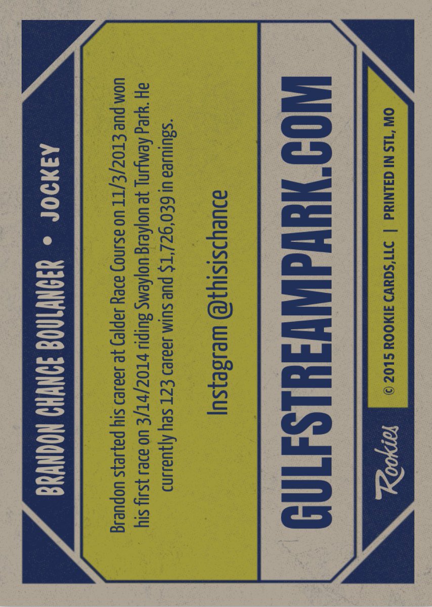 GulfstreamFanGQ's tweet photo. Brandon Chance Boulanger - Gulfstream Park 2020 Spring-Summer Meet Virtual Jockey Trading Card (front &amp; back). #BrandonChanceBoulanger #GulfstreamPark #2020SpringSummerMeet #HorseRacing #Jockeys #VirtualTradingCards https://t.co/Xp1bURZZfL