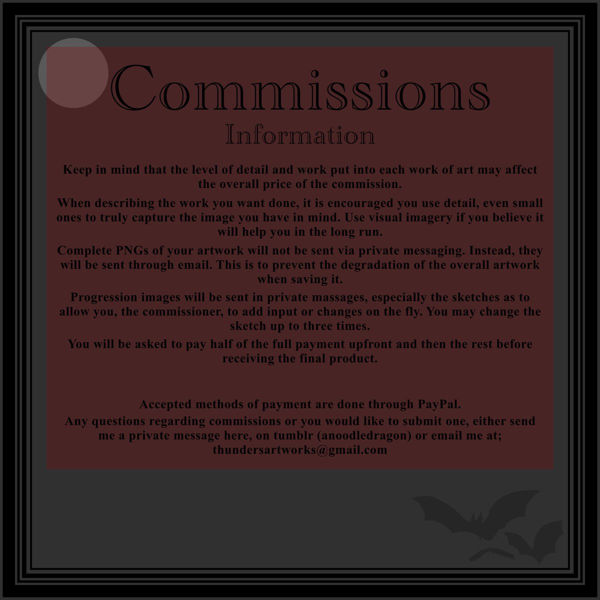 Hello, and welcome to my account! My name is Thunder and I’d like to let you know my commissions are ineed open!

My DMs are open for anything from commissions to just wanting to talk to someone. Don’t be afraid to approach!
             —————————
                       ♡ || ↻