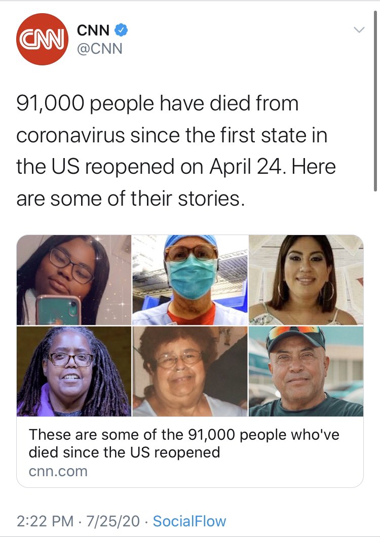 You may have heard that we’re in the midst of a global pandemic. Despite death rates decreasing compared to when it ransacked the northeast,  @CNN has conveniently focused on the stories of those who died since reopening.