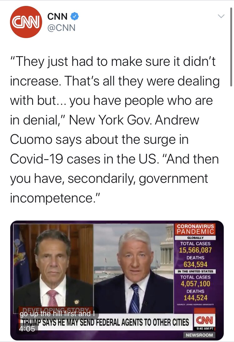  @CNN bringing  @NYGovCuomo on to talk about “government incompetence” would be funny if it weren’t for the thousands of nursing home patients he killed.