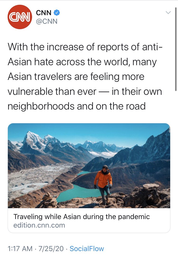 And don’t fear, Brian. There’s more fearmongering yet. This one talks about “a pandemic of hate” against Asians while traveling despite 1) the fact that we haven’t supposed to be traveling and 2) there’s no statistical support for this claim.  @CNN