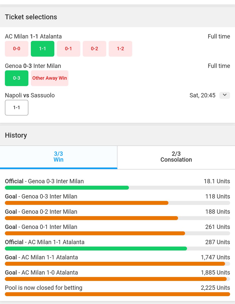 OFFERS INCOMING

We go 2/2 on our pick 3
We go 2/2 on our pick 4 
We go 4/4 on our pick 5

All 3 going onto tonights Napoli match &amp; we have the chance for huge returns if the result goes our way. We will cash a small % each correct score ticket &amp; check at halftime how we stand