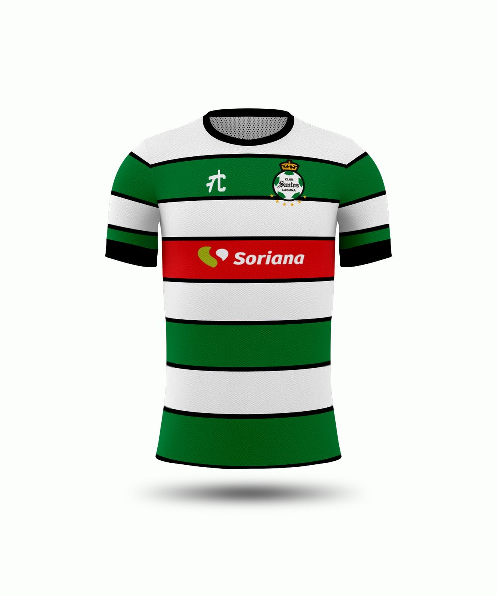 Santos Laguna, this kit is inspired by the kit Santos wore in 1988 at that time they had a red stripe with the Coca Cola sponsor we added the stripe with the new sponsor. The black thin line between the stripes is something I've always loved about old Santos kits.