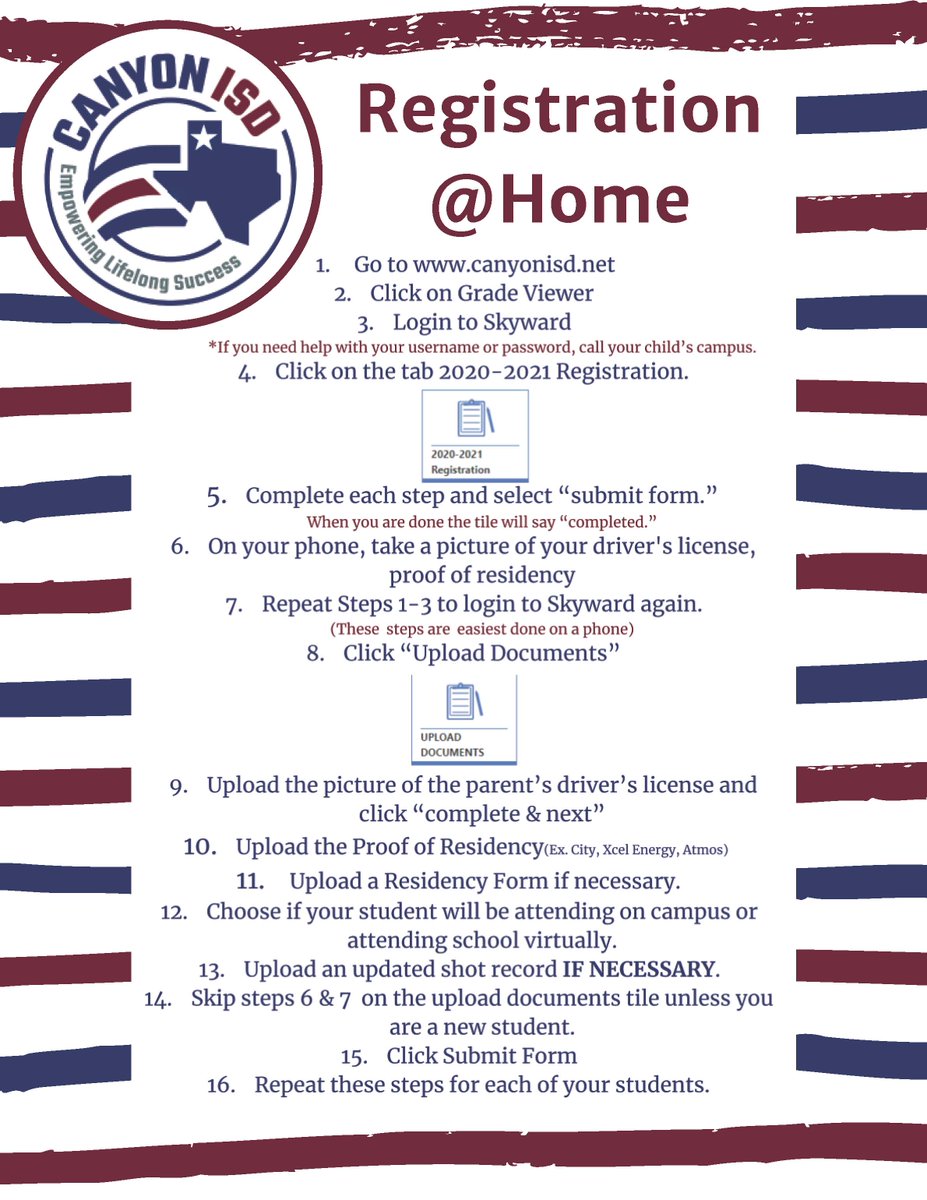 CanyonISD's tweet photo. The District has implemented Registration@Home that will be available on 7/27. Parents can now upload photos of their driver's license, proof of residency and shot records, instead of coming to the campus. The flyer gives the step by step instructions. https://t.co/cnwBZyopeU https://t.co/yrqAgjXUDK