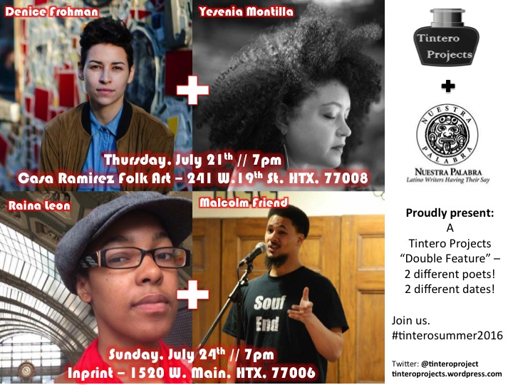 Tintero Projects (@tinteroproject) on Twitter photo #Update:
Yes we took a break. BUT WE BACK NOW.
We got plans.
ALSO: WISH US HAPPY BIRTHDAY!
4 years ago on July 21st and 24th, we had our 1st readings w/ beautiful double feature readings of <a href="/denicefrohman/">Denice Frohman</a> & <a href="/yeseniamontilla/">La Yesenia</a> and then <a href="/profesoraleon/">Raina J. León</a> & <a href="/friendlypoet/">Malcolm Friend</a>!
#Adelante #Update:
Yes we took a break. BUT WE BACK NOW.
We got plans.
ALSO: WISH US HAPPY BIRTHDAY!
4 years ago on July 21st and 24th, we had our 1st readings w/ beautiful double feature readings of <a href="/denicefrohman/">Denice Frohman</a> & <a href="/yeseniamontilla/">La Yesenia</a> and then <a href="/profesoraleon/">Raina J. León</a> & <a href="/friendlypoet/">Malcolm Friend</a>!
#Adelante